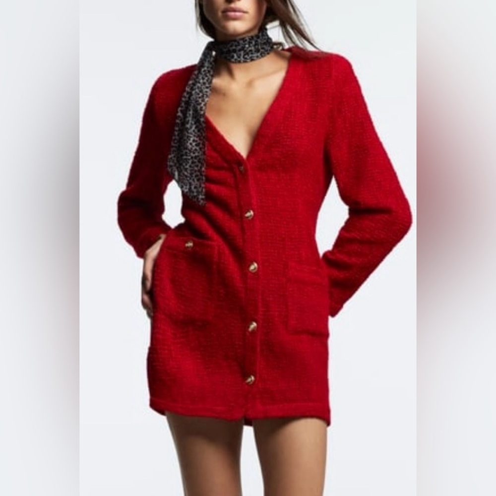 ZARA Textured Weave Blazer Dress Burgundy Red Gold Size S